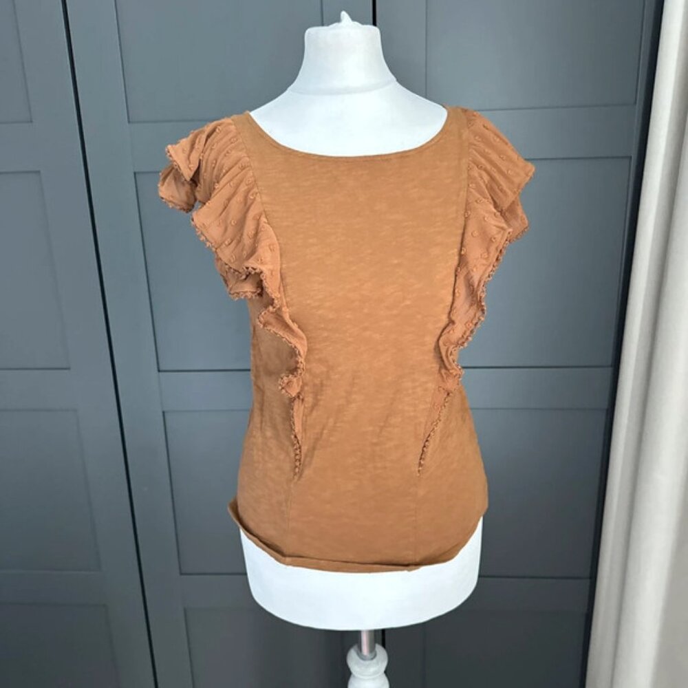 Sezane caramel brown ruffle edged top tshirt Xs 6 8 AGNAN